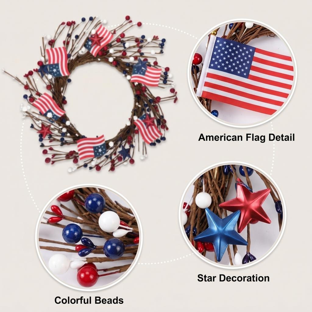40cm Patriotische Kranzdekoration mit künstlichen Beeren und kleinen Flaggenakzenten für saisonale Wanddekoration zu Hause oder als Türschmuck