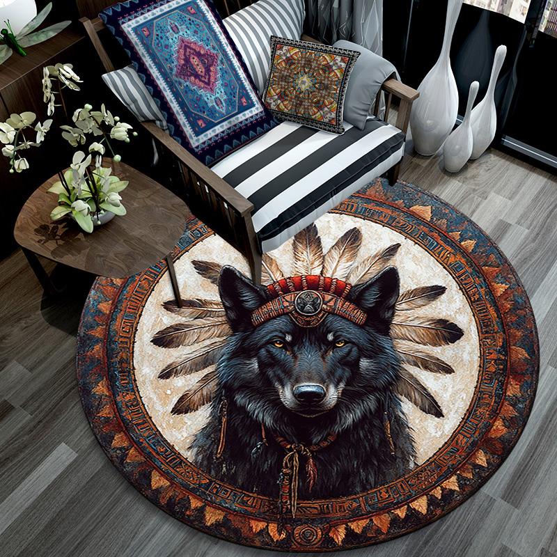 Wolf Chief Round Area Rug,Carpet Rug for Living Room Bedroom Sofa Playroom Decor,Non-slip Floor Mat