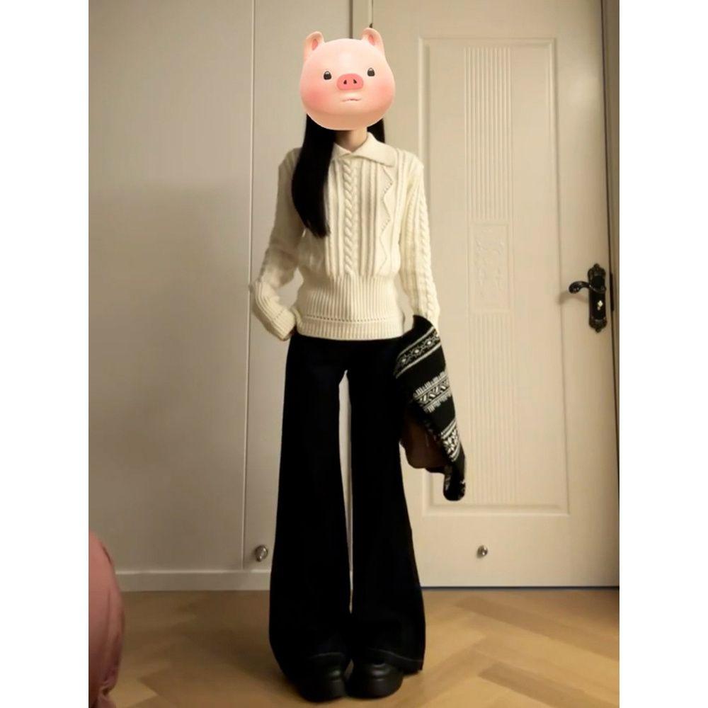 

Ladies Fried Dough Twist Solid Color Sweaters Korean Fashion Collared Knitted Sweater Autumn Slim Fit Simple Pullover Female Long Sleeved Base Shirt M