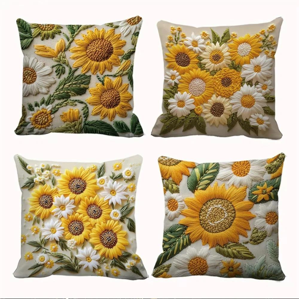 Home Decor Sunflowers and Daisies Floral Pattern Pillowcase Pattern Cushion Cover Suitable for Sofa Bedroom Car Pillow Cover