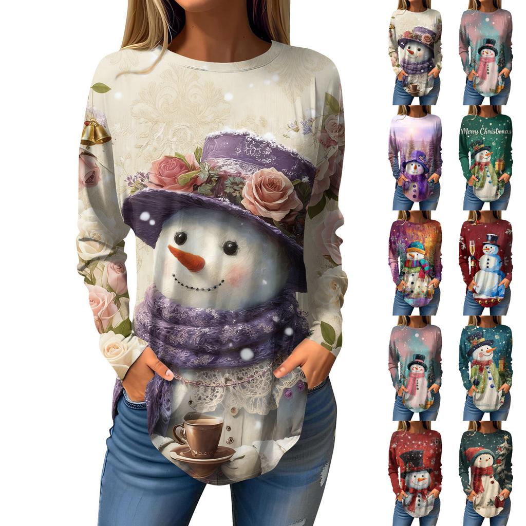 Tee Shirts For Women Casual Round Neck Long Sleeve Shirts Christmas Printing Top Pullover