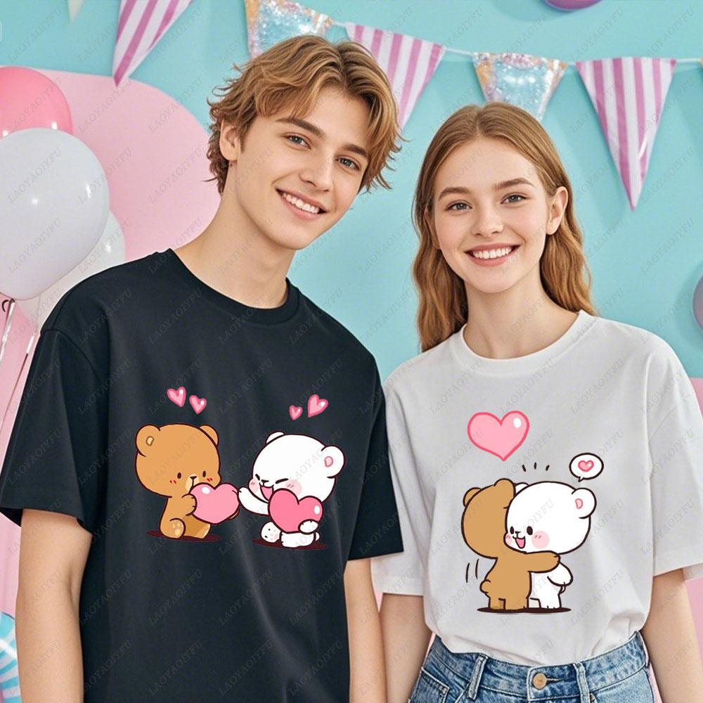 Kawaii Couple Tshirt Matching Milk and Mocha Cartoon Anime Print Cotton Unisex Women TShirt Couple Tee Summer Casual Shirt Tops