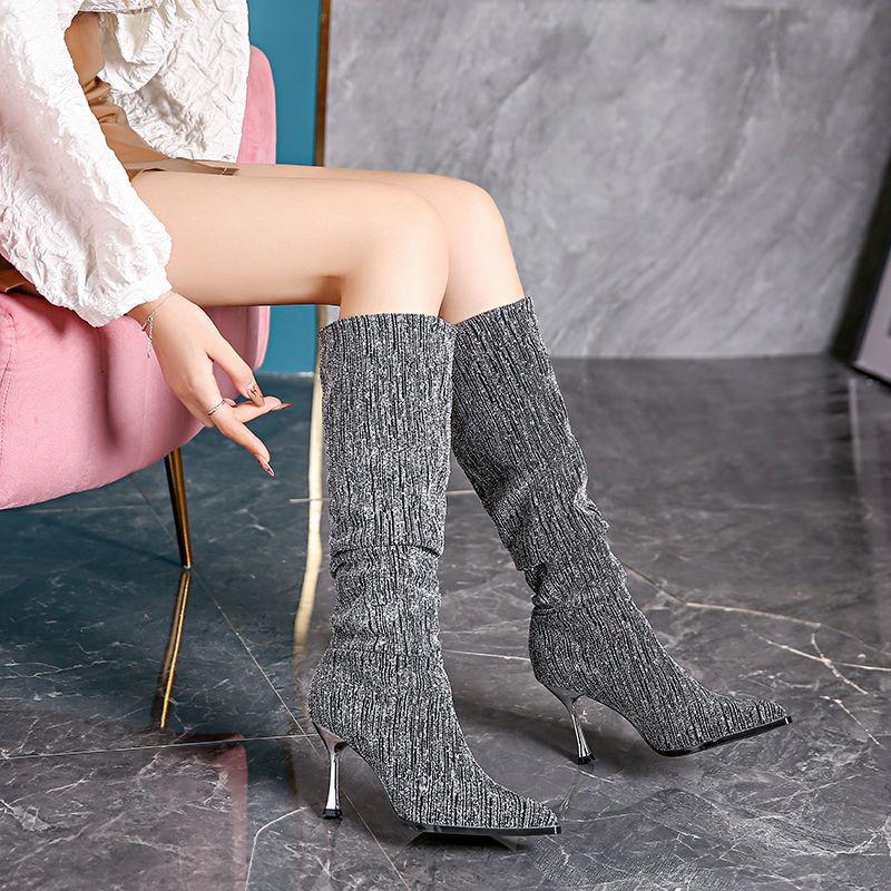 

Легкая роскошь французская плиссировка полный бриллиант ботфорты зимние новые 2025 ботфорты на колене шпилька высокий каблук 39