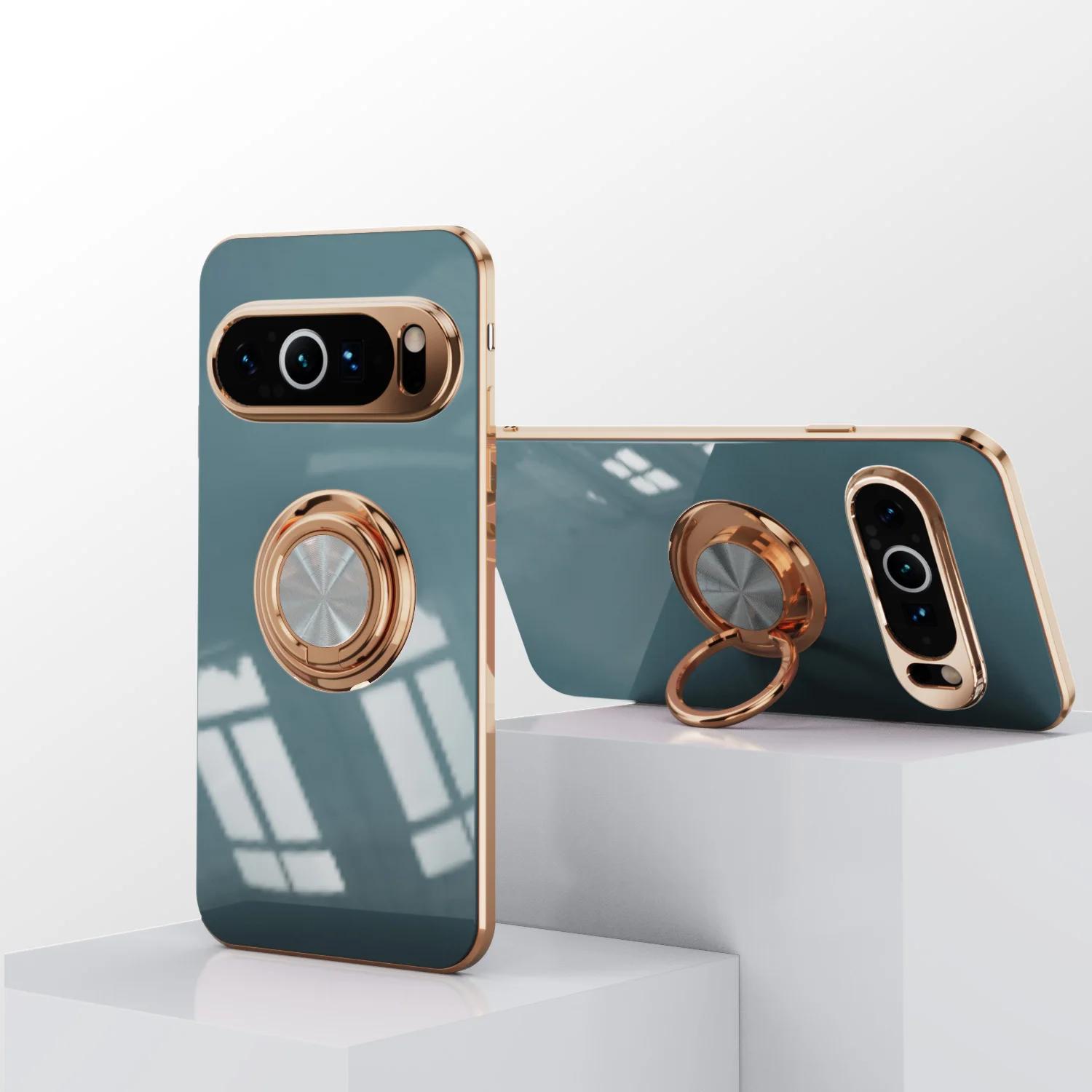 

Роскошный мягкий магнитный чехол для телефона с 6D покрытием для Google Pixel 9 Pro XL 7A 8A 7 8 с металлическим кольцом-держателем и подставкой, задняя крышка For Pixel 7 серый