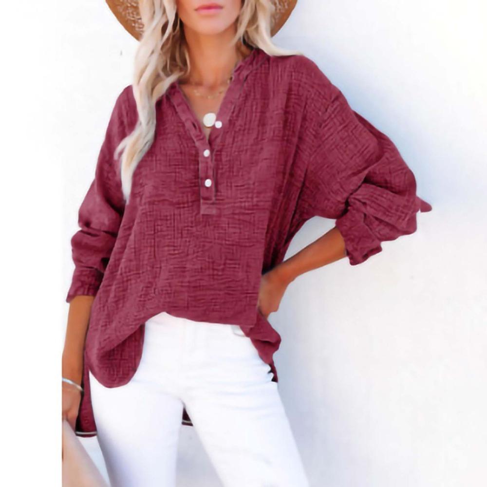 Women's V-Neck Long Sleeve Solid Color Casual Fashion Henley Blouse Shirt Top