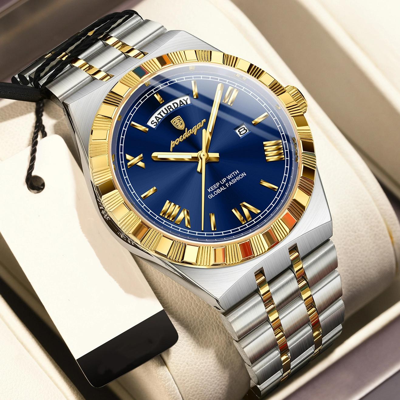

POEDAGAR Luxury Business Man Watch Week Date Waterproof Luminous Watches For Men Stainless Steel Quartz Men s Fashion Wristwatch золотий/синій