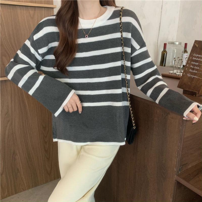 

Пуловер, женский свитер, 2023, корейское издание, ленивая полоска, контрастная вязаная рубашка с длинными рукавами, нижний свитер, женский пуловер One Size серый