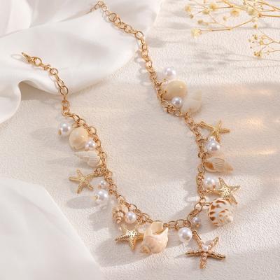 Bohemian Summer Beach Starfish Shell Necklace Seaside Vacation Imitation Pearl Collarbone Chain