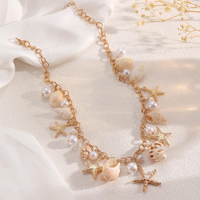 Bohemian Summer Beach Starfish Shell Necklace Seaside Vacation Imitation Pearl Collarbone Chain