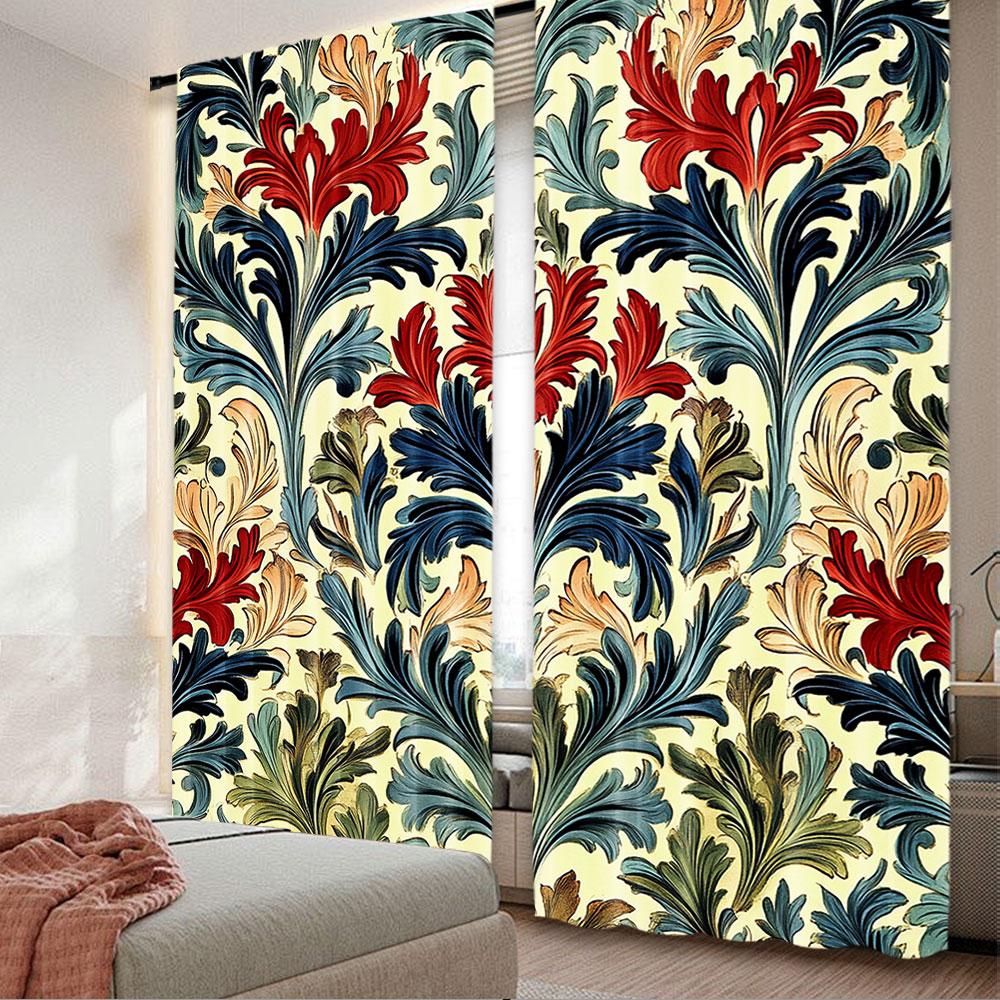 

2Pcs Boho Style Red Flower Retro Curtain Original Design Abstract Flower Shading Curtain Suitable For Kitchen Bedroom Living 29x65in(75x166cm)