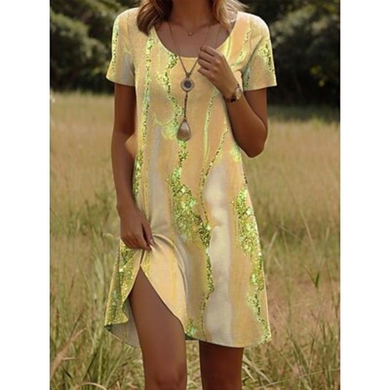 

Женское мини-платье, повседневное платье для отпуска, повседневное, стандартный крой, омбре, абстрактный мрамор, короткий рукав, круглый вырез, желтый, розовый 2XL