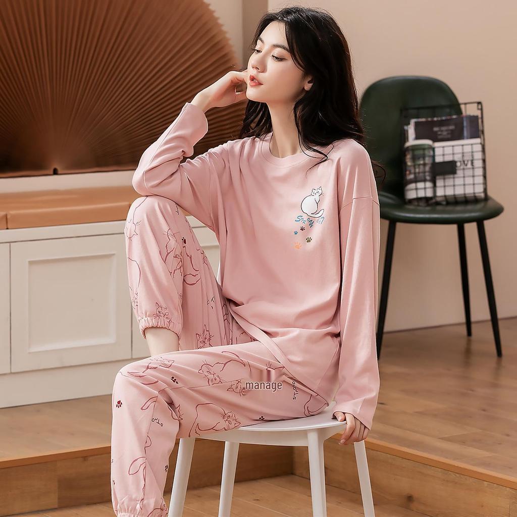 Ensemble de Pyjama pour Femme 100% Coton – Respirant, Absorbant la Sueur, Manches Longues Col Rond pour Porter à l'Intérieur et à l'Extérieur (Automne hiver)