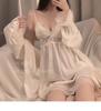 Pure desire style nightgown spring and autumn ice silk sexy long nightgown with chest pad two-piece set suspender pajamas women's high-end summer