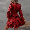 Women's Summer Casual Fashion V Neck Ruffle Waist Floral Print Midi Dress