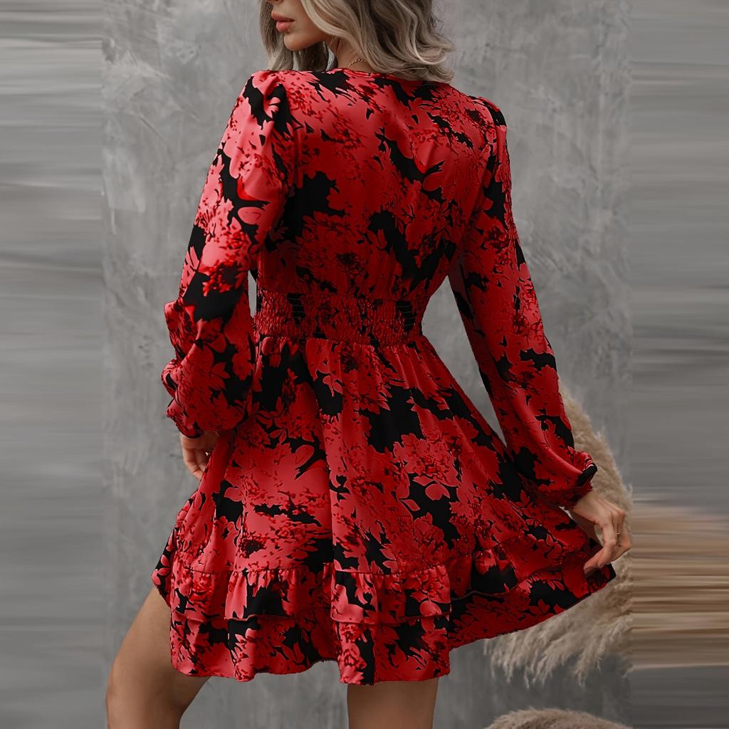 Women's Summer Casual Fashion V Neck Ruffle Waist Floral Print Midi Dress