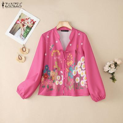 Women Casual V-Neck Floral Print Loose Long Sleeve Blouse