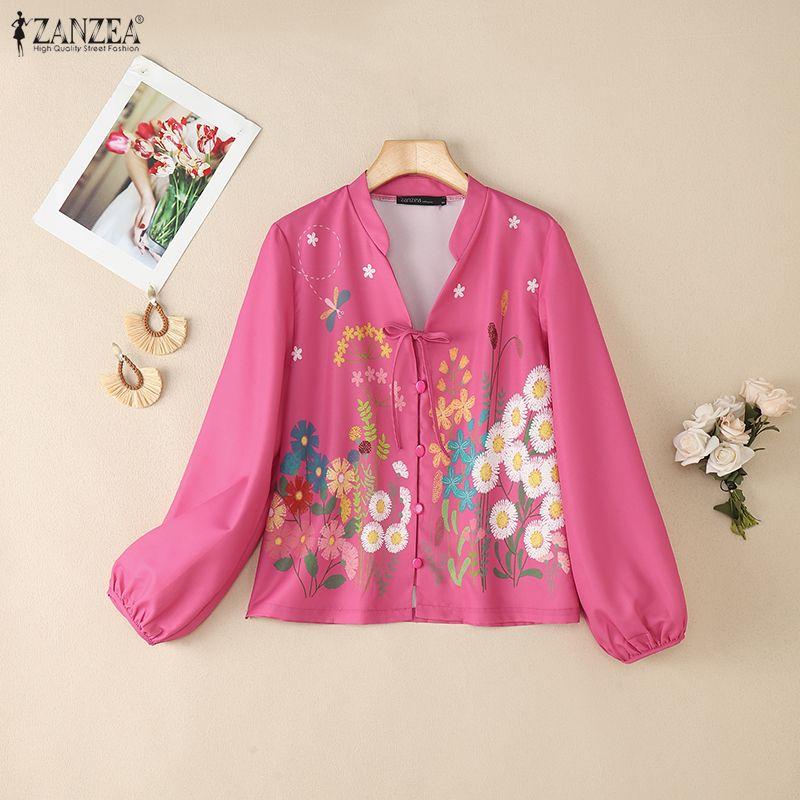 ZANZEA Women Casual V-Neck Floral Print Loose Long Sleeve Blouse