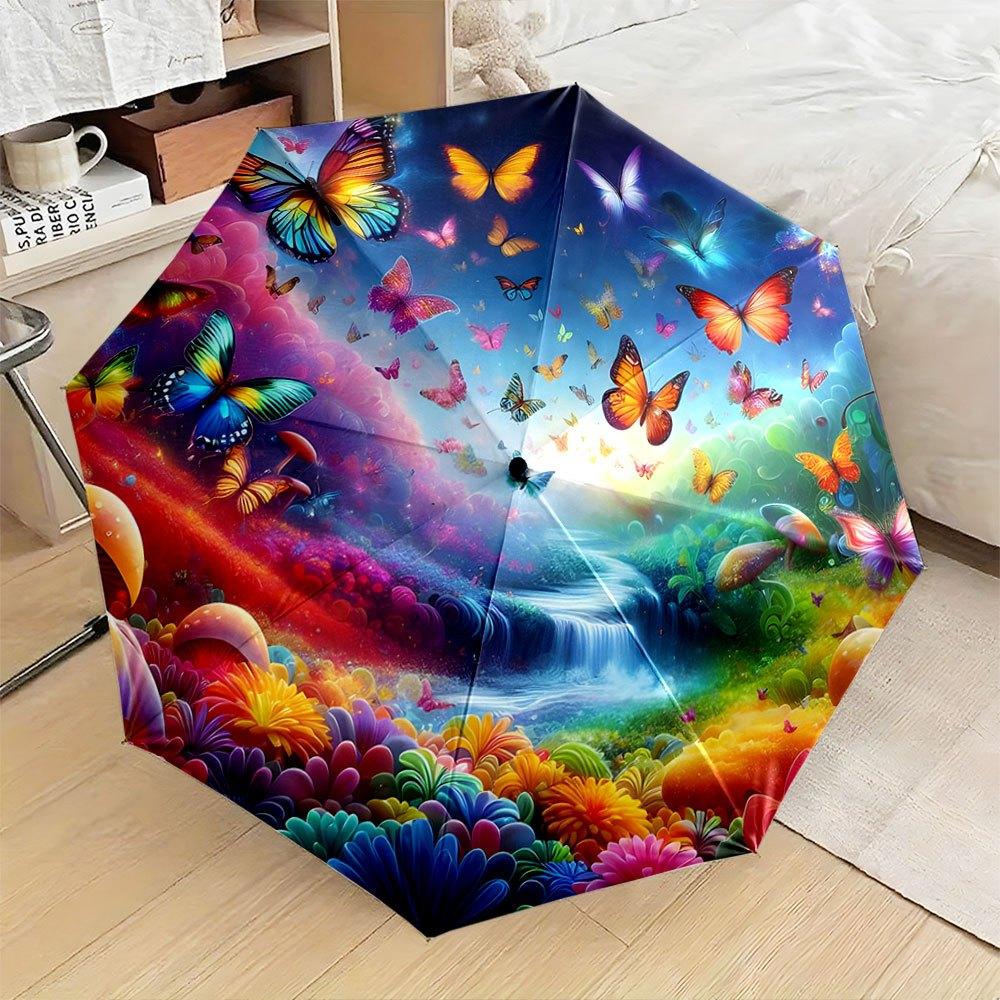 

Automatic Folding Umbrella with Vibrant Butterfly & Floral Design - Portable Collapsible 8-Rib Durable Canopy, Lightweight & S