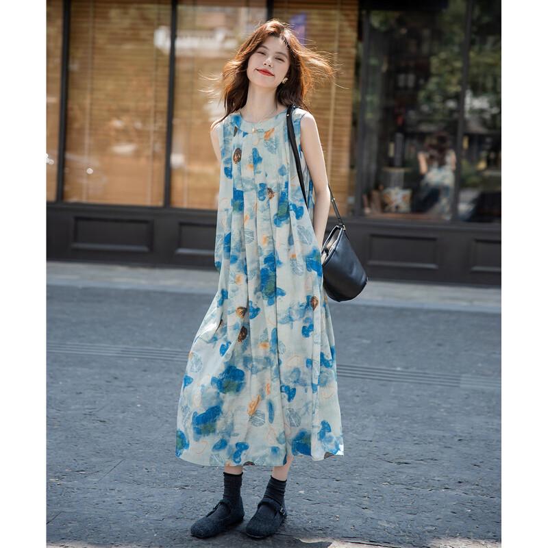 

MOKANA Fashion Elegant Printed Sleeveless Mid-Length Ink Wash Dress XL