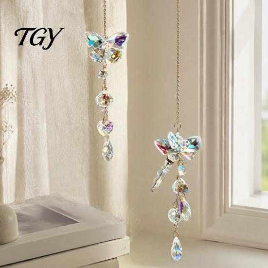 Boho Style Room Hanging Decorations Butterfly & Dragonfly Crystal Suncatcher, Colorful Rainbow Maker Prism Reflective Garden Art Decor Ornament, Wind