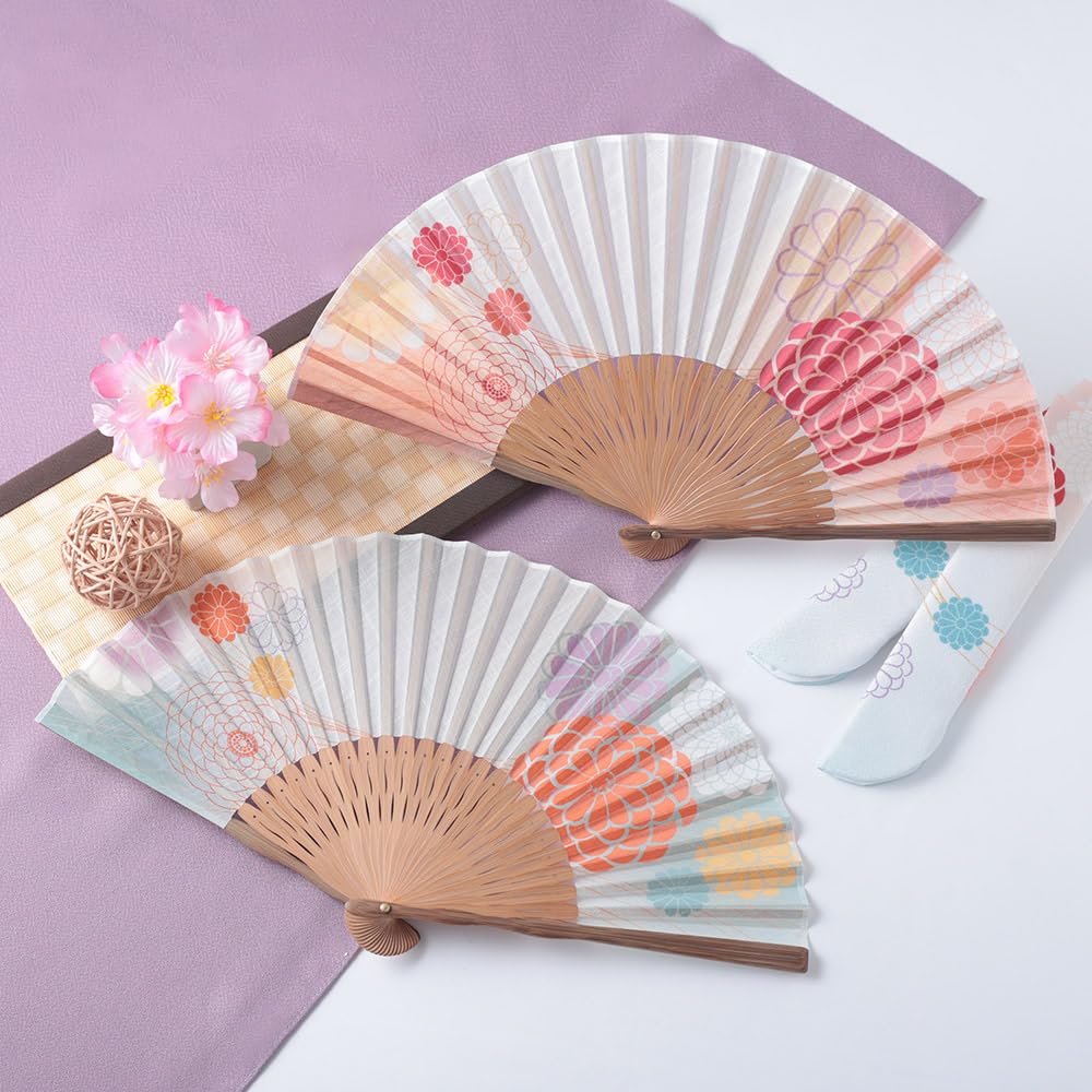 Stylish Business Fan Set with Fan Case and Handkerchief Maikiku [Osaka Choseido] Women's - (Orange)