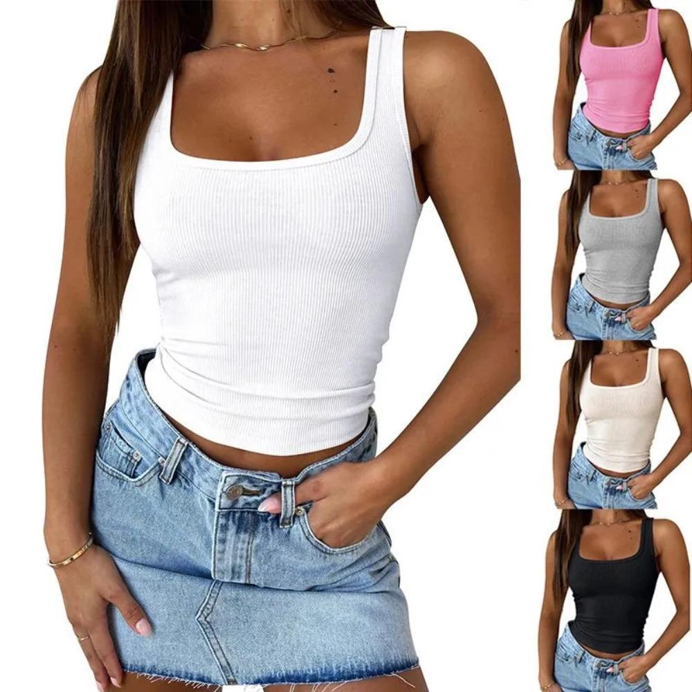 Ribbed Crop Tops Women Solid Color Square Neck Camis Camisole Fashion Tube Top Female Sleeveless