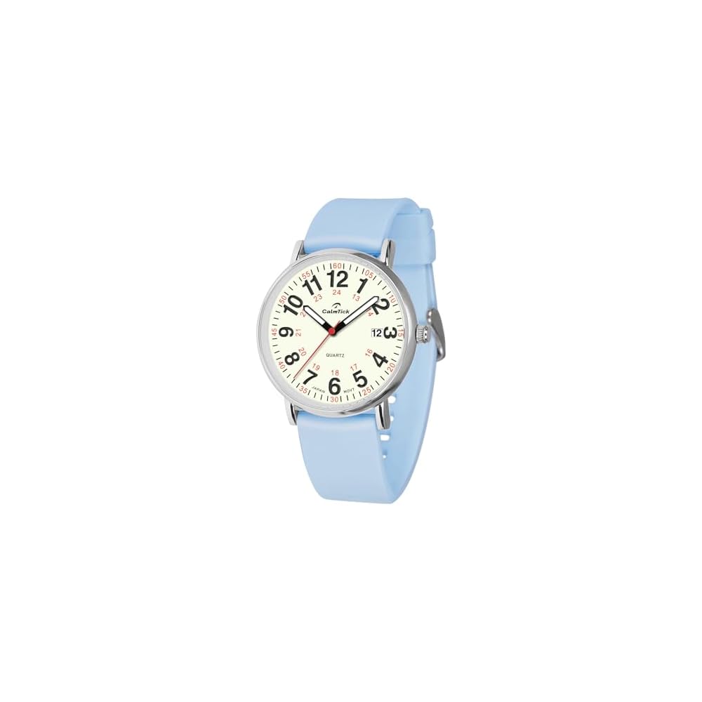 CalmTick Nurse Watch Analog Simple Cute Waterproof 3ATM Luminous for Men Women Students Silver Light Blue