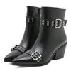 Eilyken Winter Design Belt Buckle Ankle Boots Women Pointed Toe Fashion Zipper Square Heels Shoes Short Modern Booties