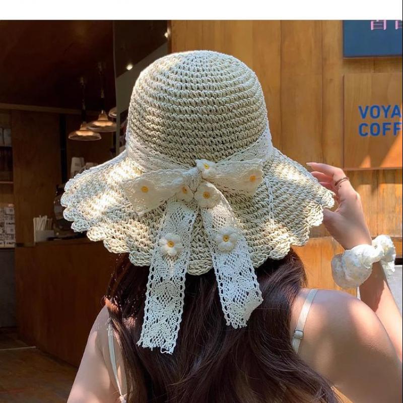 Summer Hats For Women Sun Hat Lace Ribbon Flower Sunhat Sunshade Foldable Beach Accessories Bucket Hat Female New