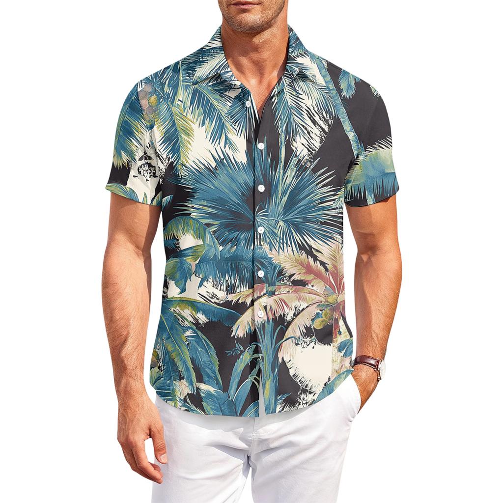 Men's Casual, Loose-Fit Short-Sleeve Shirt With Hawaiian Print