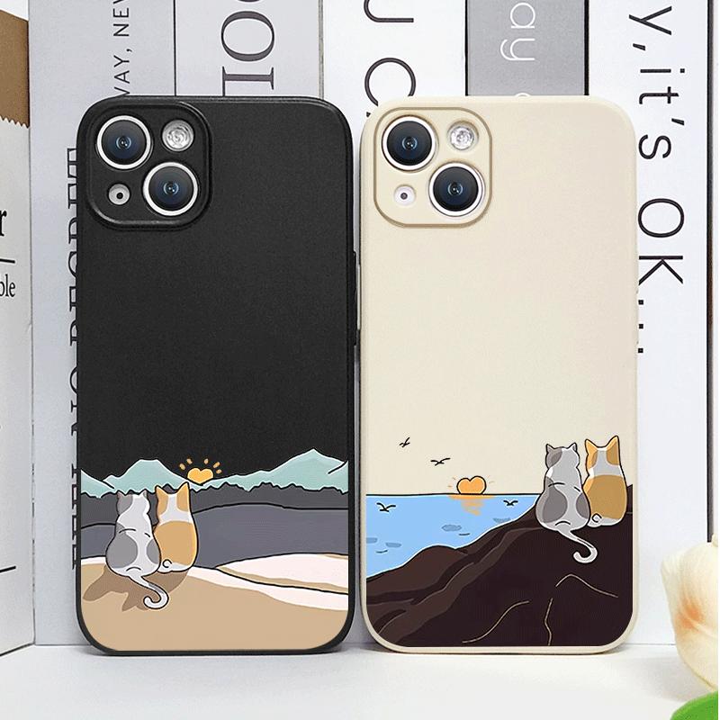 Cute Cartoon Cat Dog Couple Phone Case For iPhone 16 15 14 13 12 11 Pro Max Mini X XS SE 7 8 Plus 16E Shockproof Non-Slip Cover