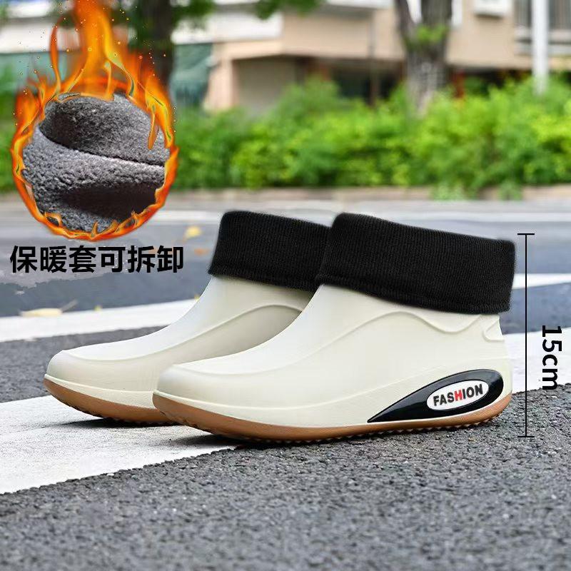 Winter fixed velvet warm waterproof glue shoes trendy men's short rain shoes wading short boots outdoor men's rain boots warm cotton shoes