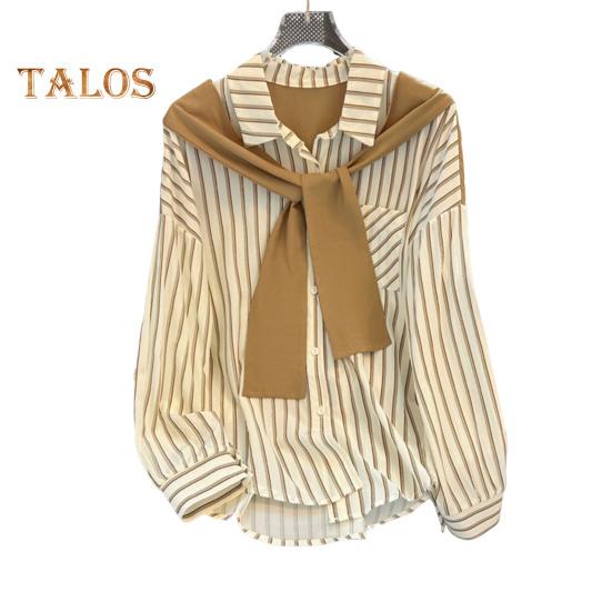 Dámská košile s dlouhým rukávem, vertikálně pruhovaným falešným dvoudílným designem, šálovými zády, volným střihem, knoflíky, topy