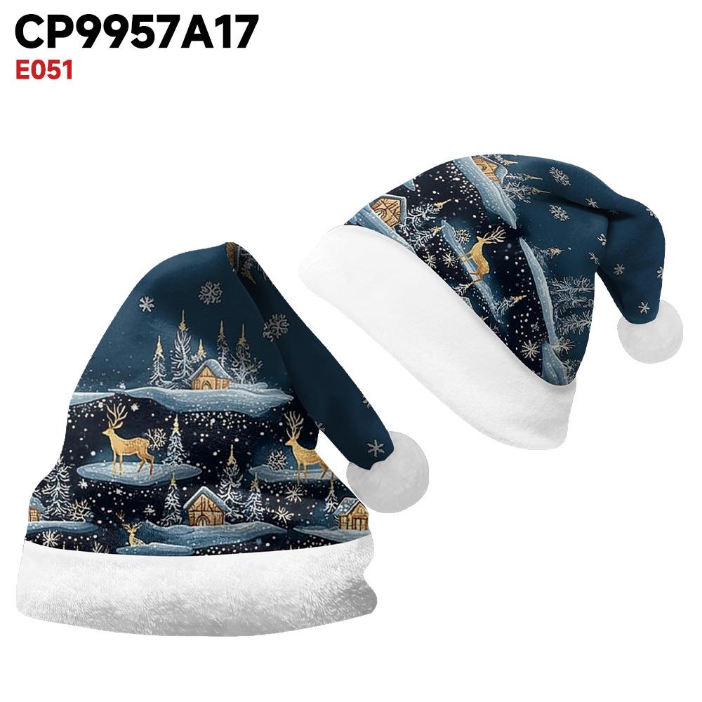 2024 Christmas Double-Sided Fleece Hat for Adults & Kids – Short Plush, Velvet, with Christmas Element Print