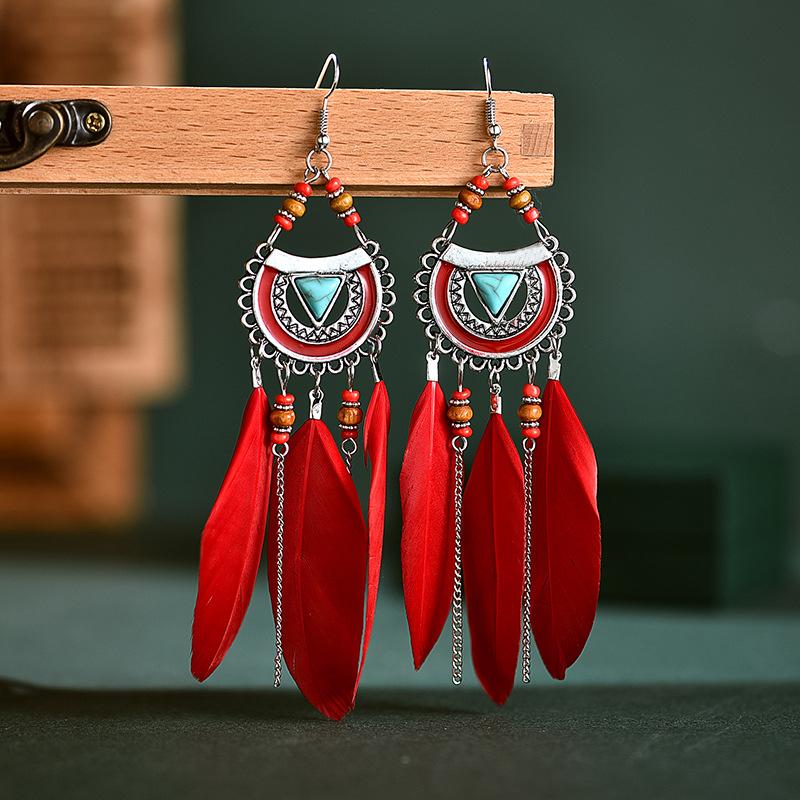 Vintage Bohemian Long Tassel Chain Feather Earrings For Women Boho Geometric Triangle Blue Stone Bead Handmade Wedding Earrings красный
