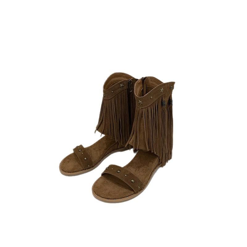 2025 New French Tassel Willow Nail Cool Boots Inner Height Increase Open-toe Short Boots Round Head Versatile Spice Girl Slope Heel Cool Boots Women