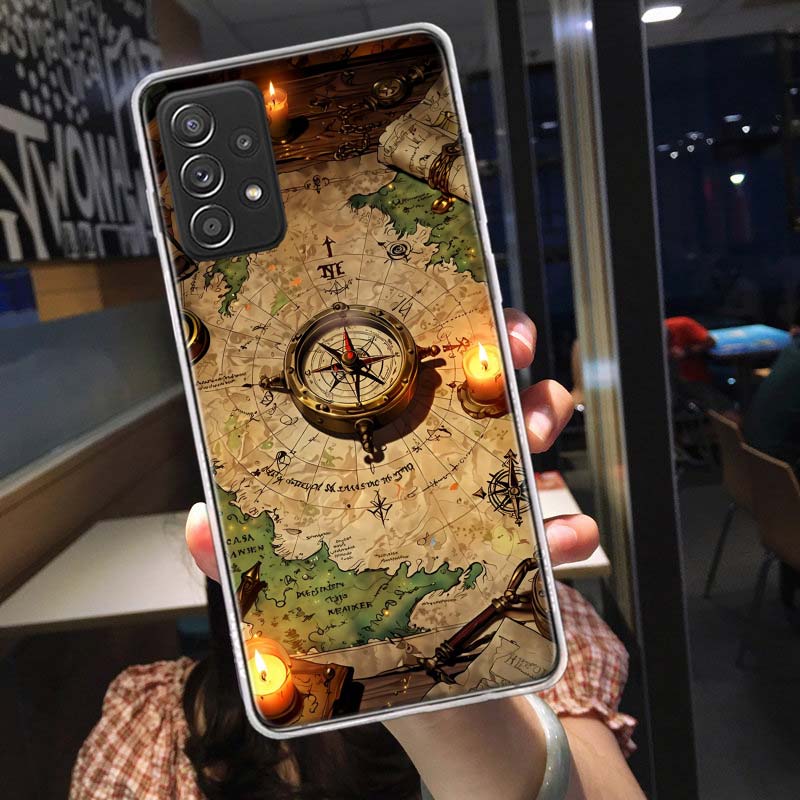 Compass Map Voyage Phone Case for Samsung A54 A57 A37 A17 A14 A15 A12 A24 A34 A55 A35 A25 A52S A07 A05S A04S A22 A32 A72 Galaxy