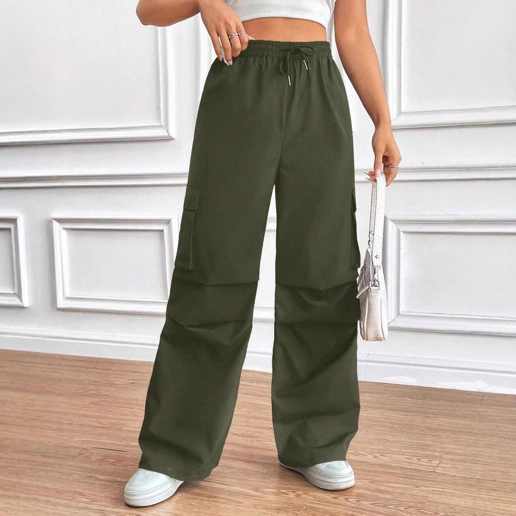 2025 Spring/Fall Elastic Waist Drawstring High-Waist Cargo Pants for Women—Loose Fit, Flap Pockets, Commuter Style.