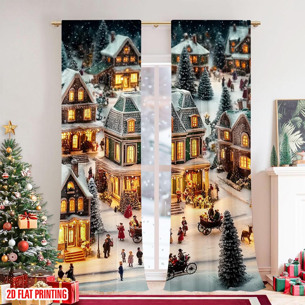 Set aus 2 Vintage-Flachdruck-Weihnachtsvorhängen Dorf Vielseitiger Stoff Ohne Strom Festliche Wanddekoration Verwendung als Innenvorhang Hergestellt aus Polyester