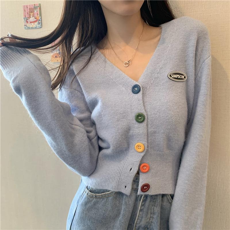Women Sweater Cardigan Solid Korean V-neck Knitted Cardigan Lady Casual Slim Colorful Single Breasted Short Jumper Coats