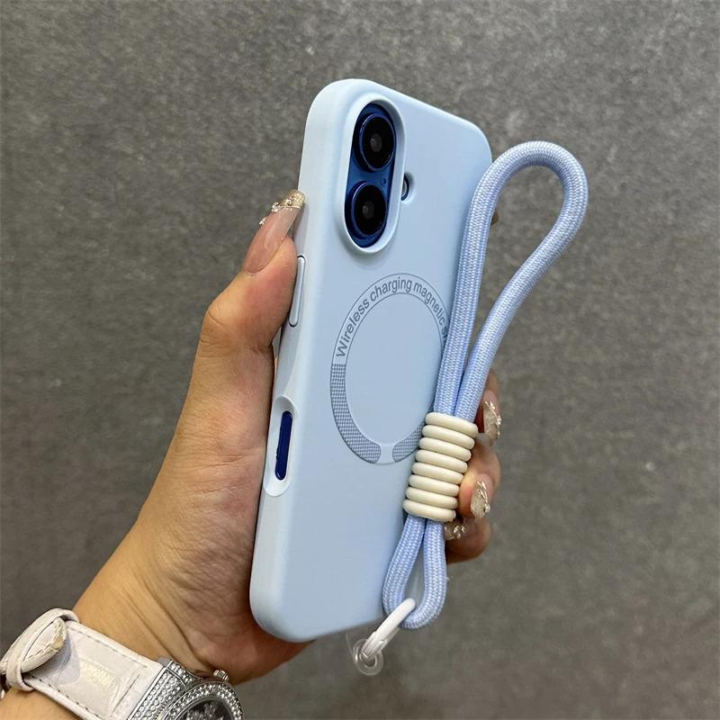 Apple 16 Magnetische Vloeibare Siliconen Telefoonhoes met Lanyard voor iPhone 15 Pro Max - Huidachtige Volledige Bedekking