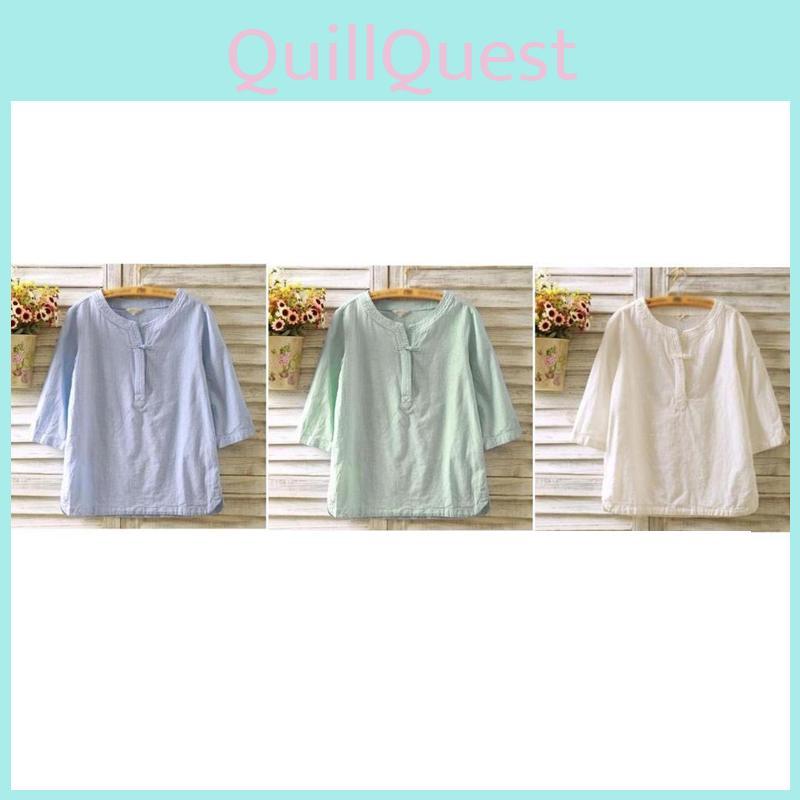 Elegant Women Vintage Cotton Linen Blouse With Flax Loose 3/4 Sleeve Tunic