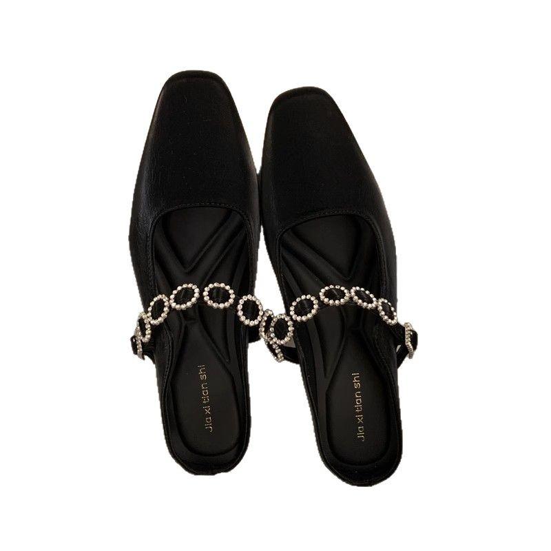 2025 new evening breeze half tray pearl Mary Jane women's shoes bag head slippers women wear silver Mary Jane women's shoes