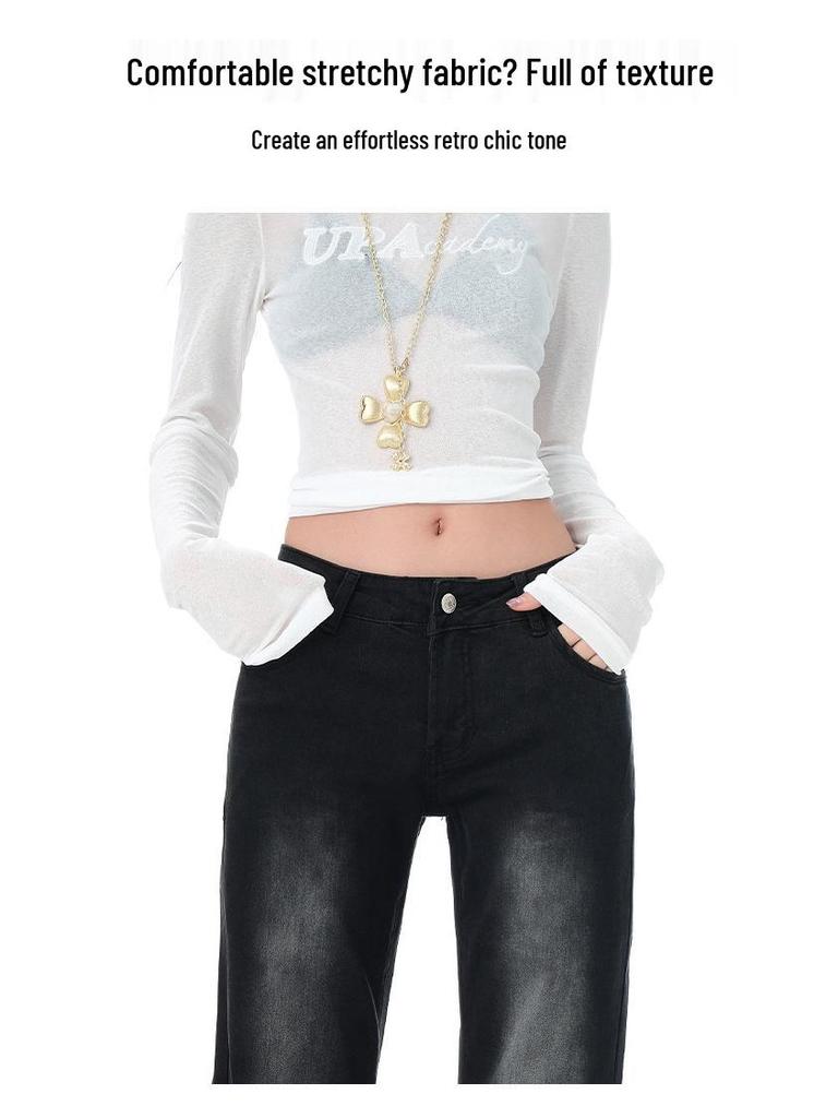 Ice Blue Women's Low-Waist Slim Fit Micro Flare Jeans - 2025 Trendy Extended Length Cropped Pants