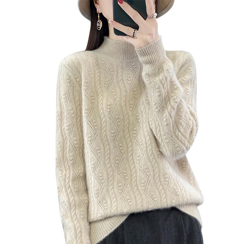 Premium Women's Thick Cable Knit Cashmere Mock Neck Sweater