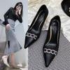 Women Pumps Mid Heels Chains Ladies Shoes Shallow Solid Woman Shoe Concise Slip On Pointed Toe Female Footwear Fashion 2024