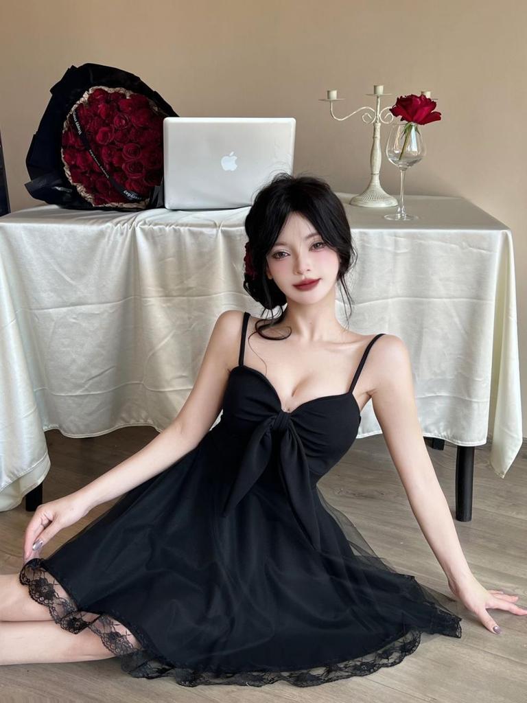 Sweet Princess Mesh Patchwork Camisole Dress – Elegant Waist-Cinched A-Line Mini with Open Back