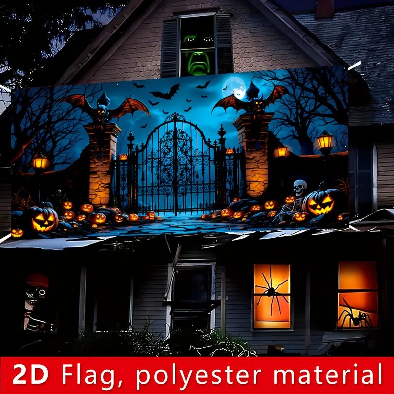2D flat banner 1PC Large Halloween garage Door Decorative Banner - Ghost Cemetery scene with pumpkin lantern design