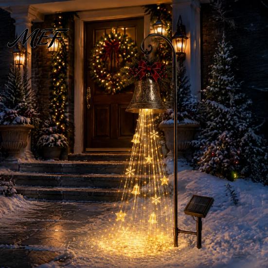 Iron Art Holiday Displays Solar Christmas Bell Waterfall Light, LED Metal Garden Stake with Red Ribbon, Waterproof Path Lighting Auto On/Off, Outdoor