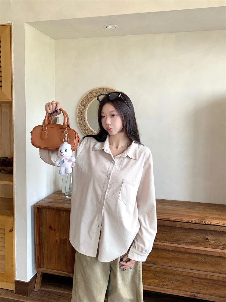 Plus Size Women's Retro Corduroy Shirt - Casual Long Sleeve BF Style for Spring & Autumn